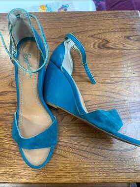 Seychelles Teal Suede and Leather Ankle-Strap Wedges